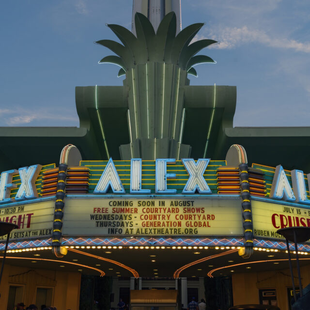 Glendale, California, United States: Alex Theater facade show at dusk during Cruise Night in the City of Glendale. The Alex Theater, originally Alexander Theater, officially opened its doors on September 4, 1925.